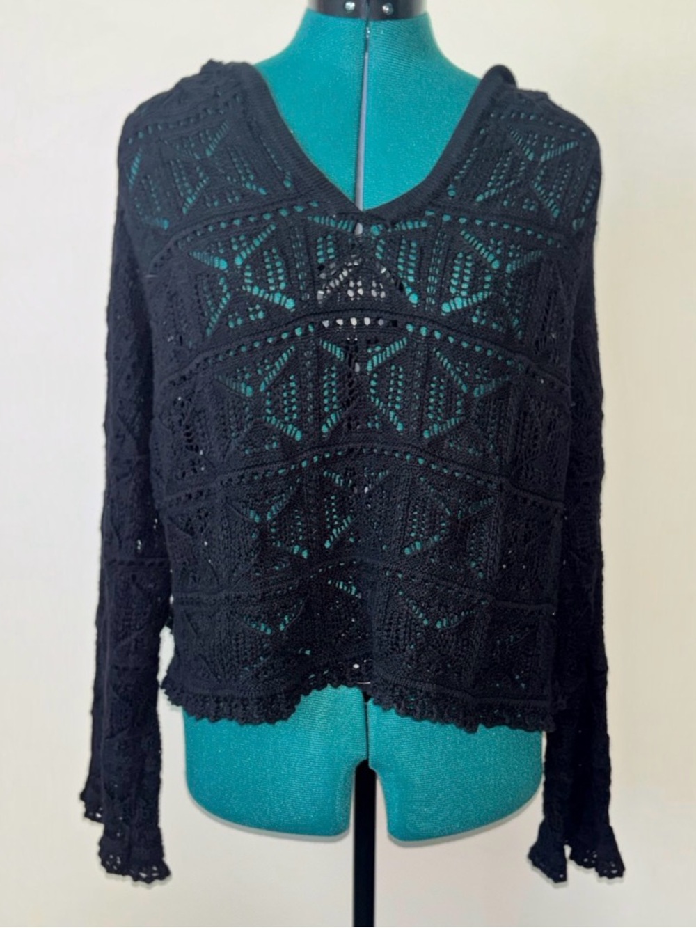 Black Crochet Open Knit Hooded Top Long Sleeve Boho Festival S/M